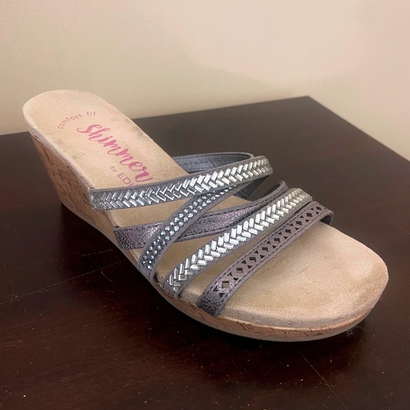 Shimmer by EDL Shoes - Shimmer by EDL Womens Metallic Pewter Cork Wedge Multi Strap Slide Sandals 7M